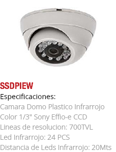 ﷯SSDPIEW
Especificaciones: Camara Domo Plastico Infrarrojo Color 1/3" Sony Effio-e CCD Lineas de resolucion: 700TVL Led Infrarrojo: 24 PCS Distancia de Leds Infrarrojo: 20Mts