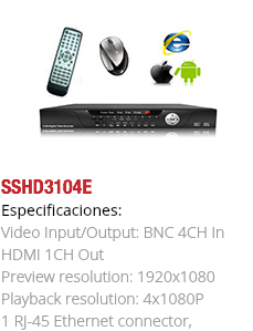 ﷯SSHD3104E
Especificaciones: Video Input/Output: BNC 4CH In HDMI 1CH Out Preview resolution: 1920x1080 Playback resolution: 4x1080P 1 RJ-45 Ethernet connector,