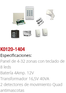 ﷯K0120-1404
Especificaciones: Panel de 4-32 zonas con teclado de 8 leds Batería 4Amp. 12V Transformador 16,5V 40VA 2 detectores de movimiento Quad antimascotas