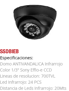 ﷯SSDBIEB
Especificaciones: Domo ANTIVANDALICA Infrarrojo Color 1/3" Sony Effio-e CCD Lineas de resolucion: 700TVL Led Infrarrojo: 24 PCS Distancia de Leds Infrarrojo: 20Mts