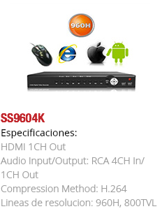 ﷯SS9604K
Especificaciones: HDMI 1CH Out Audio Input/Output: RCA 4CH In/ 1CH Out
Compression Method: H.264
Lineas de resolucion: 960H, 800TVL